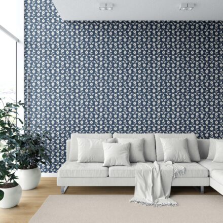 'Peeping Pearl' Modern Floral Botanical Wallpaper (Navy Blue/ White) - Image 6