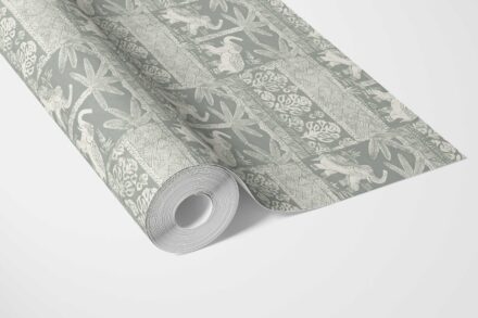 'Leek' Ethnic/ Heritage Elephants & Animals Print Wallpaper (Green-Gray/ White) - Image 3