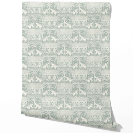 'Soft Flutter' Ethnic/ Heritage Elephants & Animals Print Wallpaper (Duck Egg Blue/ White)