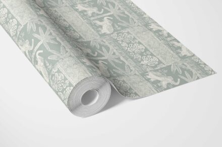 'Soft Flutter' Ethnic/ Heritage Elephants & Animals Print Wallpaper (Duck Egg Blue/ White) - Image 3