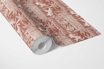 'Maramiya' Ethnic/ Heritage Elephants & Animals Print Wallpaper (Terracotta Red/ White) - Image 3