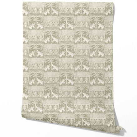'Hornet' Ethnic/ Heritage Elephants & Animals Print Wallpaper (Olive Green/ White)
