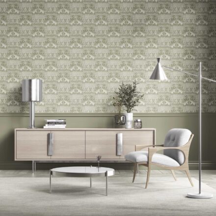 'Hornet' Ethnic/ Heritage Elephants & Animals Print Wallpaper (Olive Green/ White) - Image 2