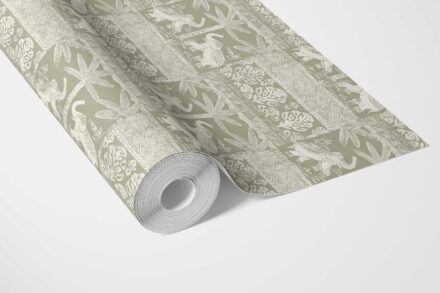'Hornet' Ethnic/ Heritage Elephants & Animals Print Wallpaper (Olive Green/ White) - Image 3