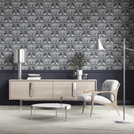 'Mallard Leaf' Ethnic/ Heritage Elephants & Animals Print Wallpaper (Navy Blue/ White) - Image 2