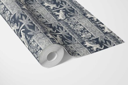 'Mallard Leaf' Ethnic/ Heritage Elephants & Animals Print Wallpaper (Navy Blue/ White) - Image 3