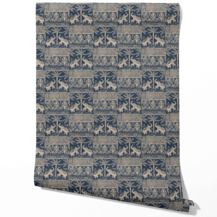 'Kalapi' Ethnic/ Heritage Elephants & Animals Print Wallpaper (Smoky Blue/ Beige)