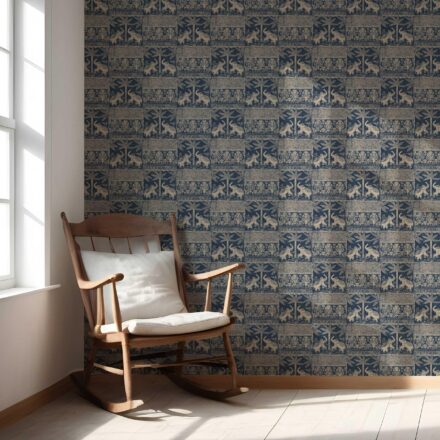 'Kalapi' Ethnic/ Heritage Elephants & Animals Print Wallpaper (Smoky Blue/ Beige) - Image 5