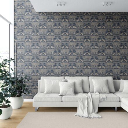 'Kalapi' Ethnic/ Heritage Elephants & Animals Print Wallpaper (Smoky Blue/ Beige) - Image 6