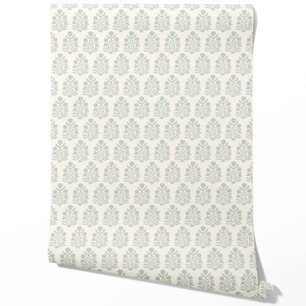 'Sky Promise' Vintage-Inspired Floral Block Print Wallpaper (Cream/ Sage Green)