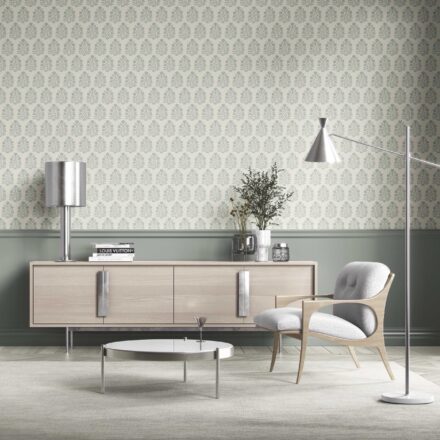 'Sky Promise' Vintage-Inspired Floral Block Print Wallpaper (Cream/ Sage Green) - Image 2