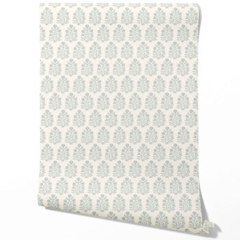 'Bezar' Vintage-Inspired Floral Block Print Wallpaper (Cream/ Blue-Green)