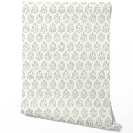 'Bezar' Vintage-Inspired Floral Block Print Wallpaper (Cream/ Blue-Green)