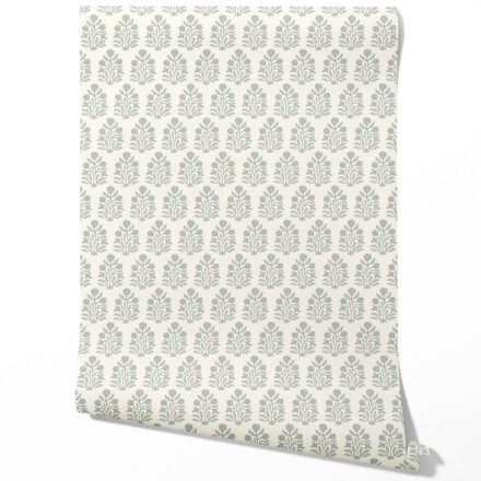 'Santa Ynez' Neutral-Toned Botanical Floral Block Print Wallpaper (Sage Gray/ Cream)