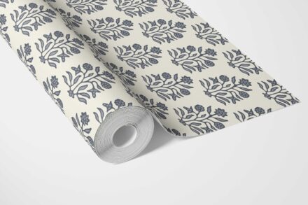 'Navajo Nation' Vintage-Inspired Floral Block Print Wallpaper (Navy Blue/ Cream) - Image 3