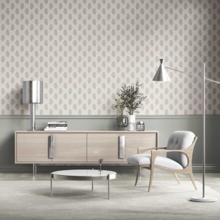 'Lancelot' Neutral Botanical/ Floral Block Print Wallpaper (Green-Gray/ Cream) - Image 2