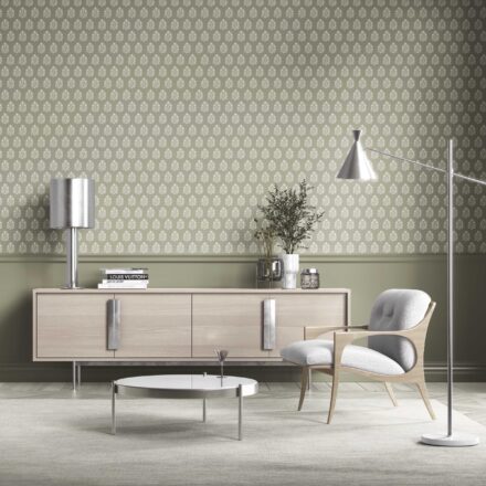 'Basket Straw' Vintage-Inspired Botanical Floral Block Print Wallpaper (Khaki Green/ Cream) - Image 2