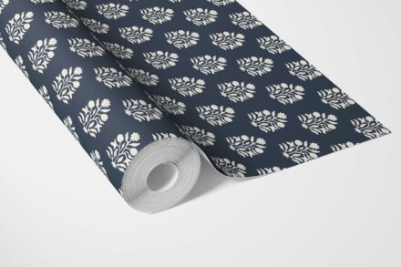 'Skyhold' Vintage-Inspired Botanical Floral Block Print Wallpaper (Navy Blue/ White) - Image 3