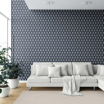 'Skyhold' Vintage-Inspired Botanical Floral Block Print Wallpaper (Navy Blue/ White) - Image 6