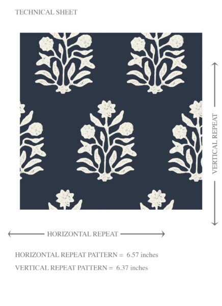 'Skyhold' Vintage-Inspired Botanical Floral Block Print Wallpaper (Navy Blue/ White) - Image 8