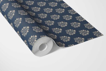 'Thundersnow' Vintage-Inspired Botanical Floral Block Print Wallpaper (Navy Blue/ Beige) - Image 3