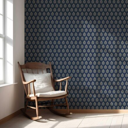 'Thundersnow' Vintage-Inspired Botanical Floral Block Print Wallpaper (Navy Blue/ Beige) - Image 5
