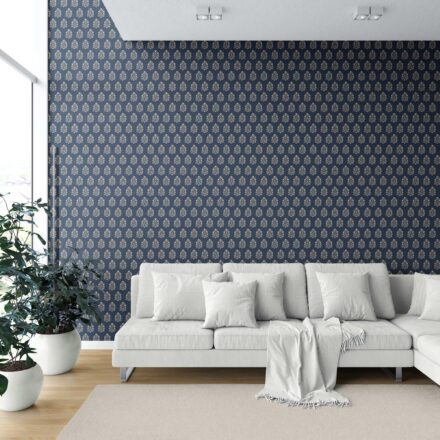 'Thundersnow' Vintage-Inspired Botanical Floral Block Print Wallpaper (Navy Blue/ Beige) - Image 6