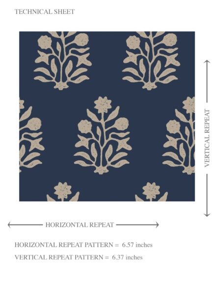 'Thundersnow' Vintage-Inspired Botanical Floral Block Print Wallpaper (Navy Blue/ Beige) - Image 8
