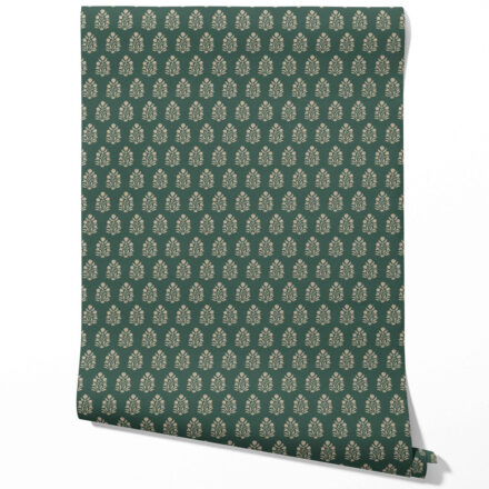 'Zaatar' Vintage-Inspired Botanical Floral Block Print Wallpaper (Green/ Beige)