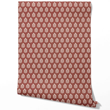'Oura' Vintage-Inspired Botanical Floral Block Print Wallpaper (Brick Red/ White)