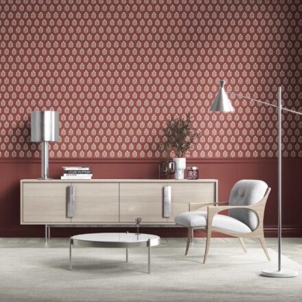 'Oura' Vintage-Inspired Botanical Floral Block Print Wallpaper (Brick Red/ White) - Image 2