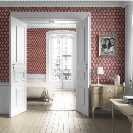 'Oura' Vintage-Inspired Botanical Floral Block Print Wallpaper (Brick Red/ White) - Image 4
