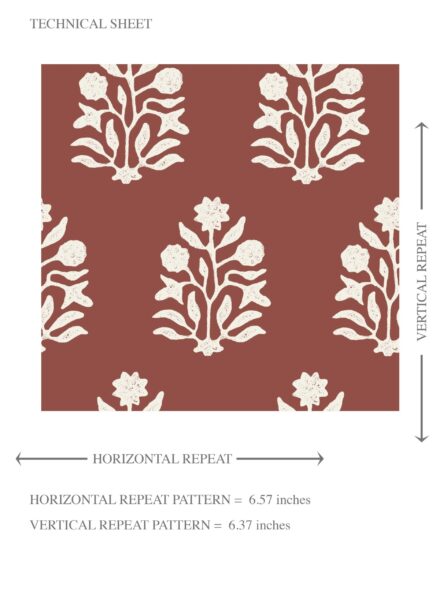 'Oura' Vintage-Inspired Botanical Floral Block Print Wallpaper (Brick Red/ White) - Image 8