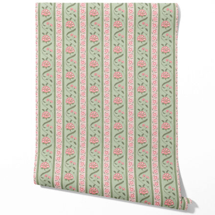 'Hallstatt' Floral Botanical Striped Wallpaper (Green/ Pink)