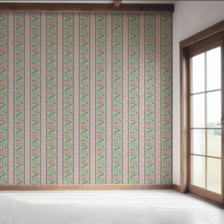 'Hallstatt' Floral Botanical Striped Wallpaper (Green/ Pink) - Image 7