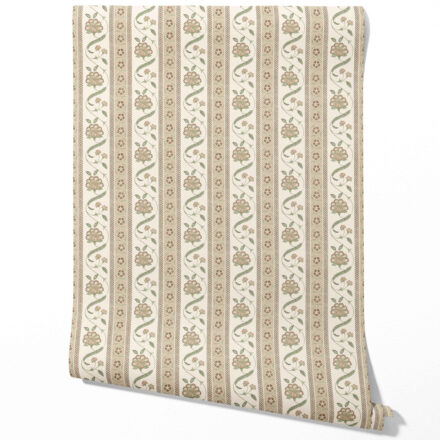 'Crotone' Neutral Floral Botanical Striped Wallpaper (Beige/ Brown/ Green)