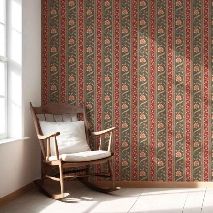 'Nuoro' Floral Botanical Striped Wallpaper (Olive Green/ Red/ Maroon/ Beige) - Image 2