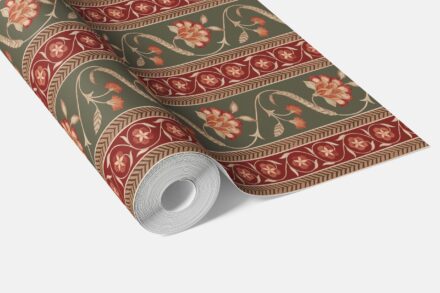 'Nuoro' Floral Botanical Striped Wallpaper (Olive Green/ Red/ Maroon/ Beige) - Image 3