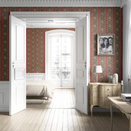 'Nuoro' Floral Botanical Striped Wallpaper (Olive Green/ Red/ Maroon/ Beige) - Image 4
