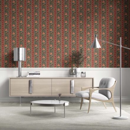'Nuoro' Floral Botanical Striped Wallpaper (Olive Green/ Red/ Maroon/ Beige) - Image 5