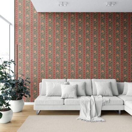 'Nuoro' Floral Botanical Striped Wallpaper (Olive Green/ Red/ Maroon/ Beige) - Image 6