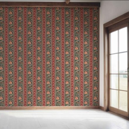 'Nuoro' Floral Botanical Striped Wallpaper (Olive Green/ Red/ Maroon/ Beige) - Image 7