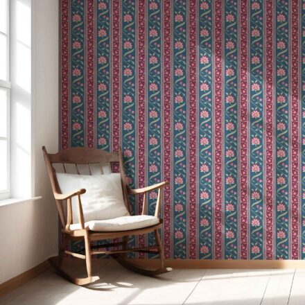 'Buseno' Floral Botanical Striped Wallpaper (Teal Blue/ Pink/ Green) - Image 5