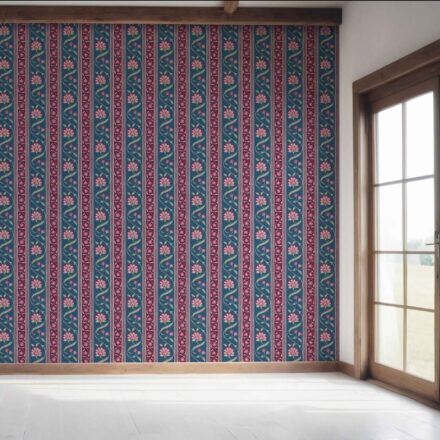 'Buseno' Floral Botanical Striped Wallpaper (Teal Blue/ Pink/ Green) - Image 7