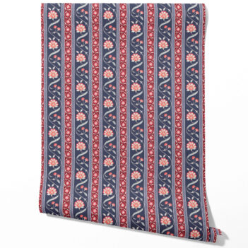 'Wangen' Floral Botanical Striped Wallpaper (Navy Blue/ Red/ Gray)