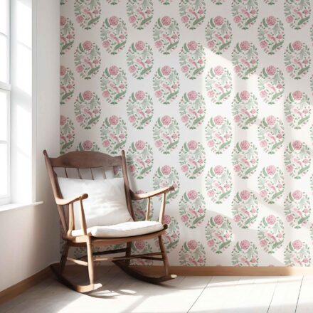 'Lausen' Birds/ Floral Block Print Wallpaper (Pink/ Green) - Image 5