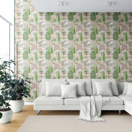 'Vitanic' Vintage Heritage/ Ethnic Chinoiserie Wallpaper (White/ Green/ Pink/ Tan/ Red) - Image 6