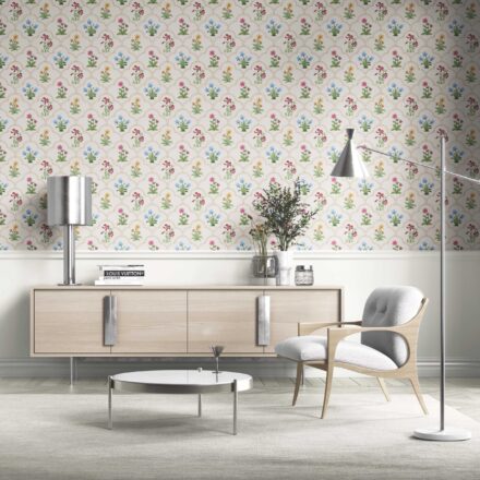 'Olea' Vintage-Inspired Floral Block Print Wallpaper (White/ Beige/ Pink/ Green/ Red/ Yellow/ Blue) - Image 2