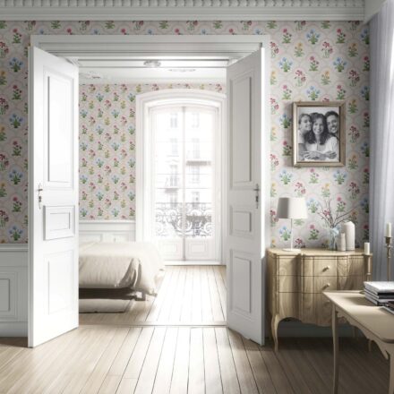 'Olea' Vintage-Inspired Floral Block Print Wallpaper (White/ Beige/ Pink/ Green/ Red/ Yellow/ Blue) - Image 4