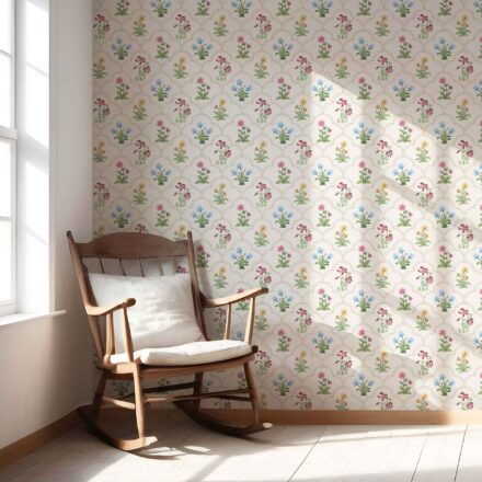 'Olea' Vintage-Inspired Floral Block Print Wallpaper (White/ Beige/ Pink/ Green/ Red/ Yellow/ Blue) - Image 5